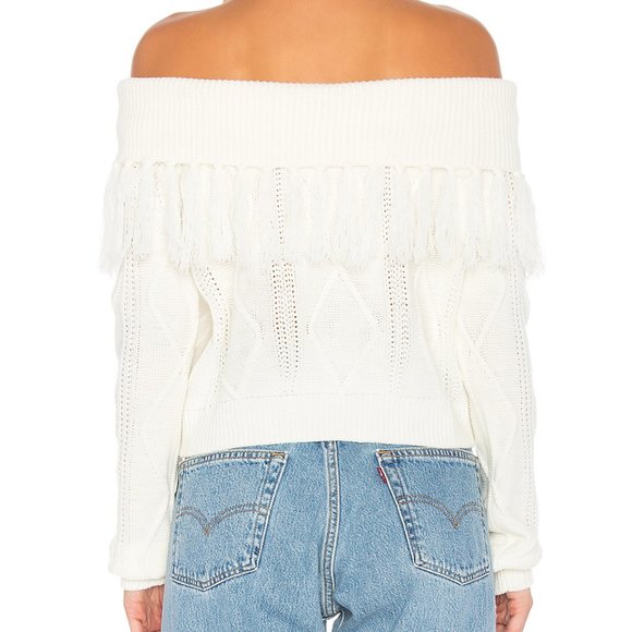 Revolve White Off Shoulder Fringe Cable Sweater - Picture 3 of 5